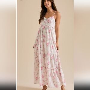 Altar'd State White Floral Maxi Dress with Pink Blossoms